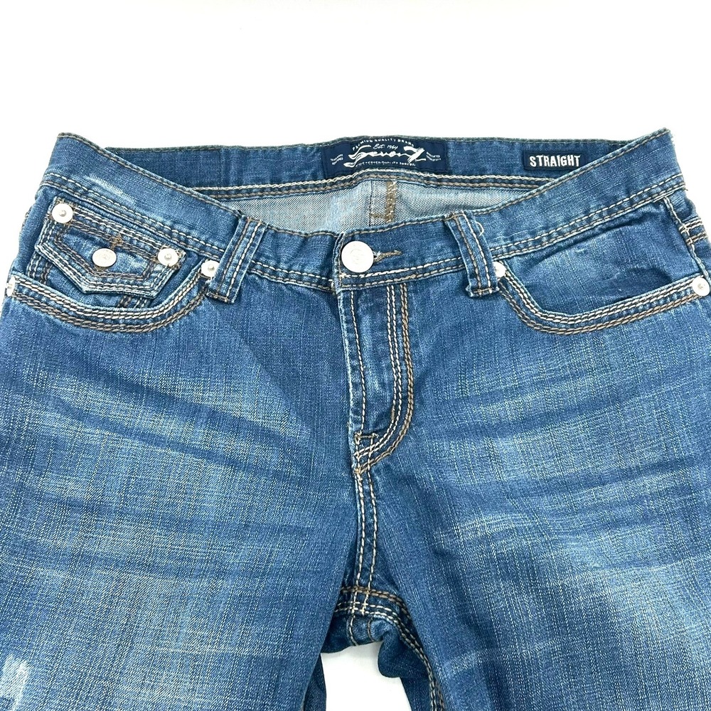 Seven7 Men Blue Straight Leg Distressed Flap Pocket Jeans 34x32 Heavy Stitch